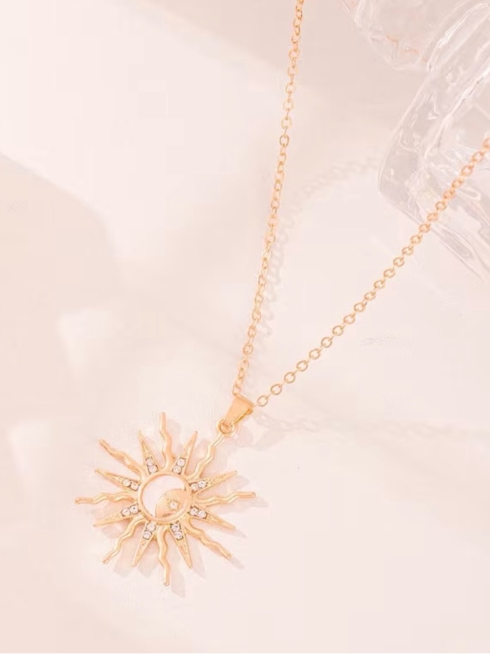 Gold Sun & Crescent Moon Pendant Necklace with Mother-of-Pearl Accent - Picture 2 of 6